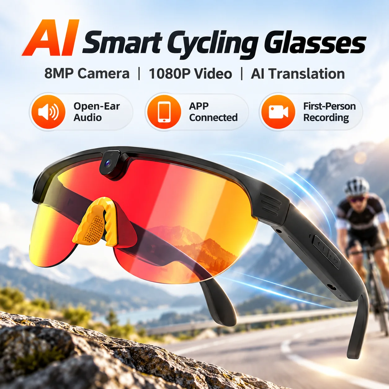 AI Smart Cycling Glasses 8MP Camera 1080P Video Recording Real-Time Translation Open Ear Audio 32GB Smart Sports Glasses