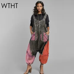 WTHT New Fashion Women's Patchwork Loose Denim Sling Jumpsuits 2025 Spring Trendy Contrast Color Cargo Rompers Female 1LS864