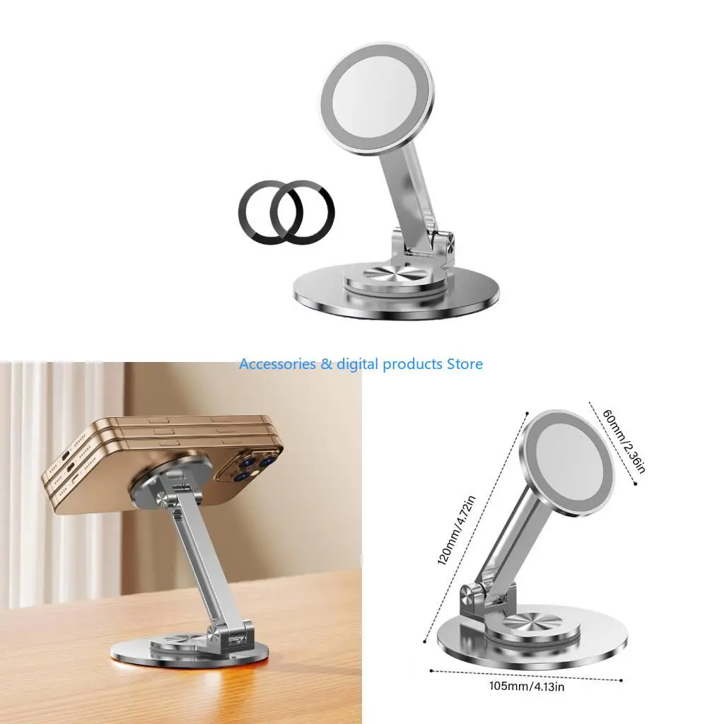 77JD Rotating Desk Phone Stand with Reinforced N52 Magnet Foldable Arms Not Slip Base For Stable Viewing Video Recording