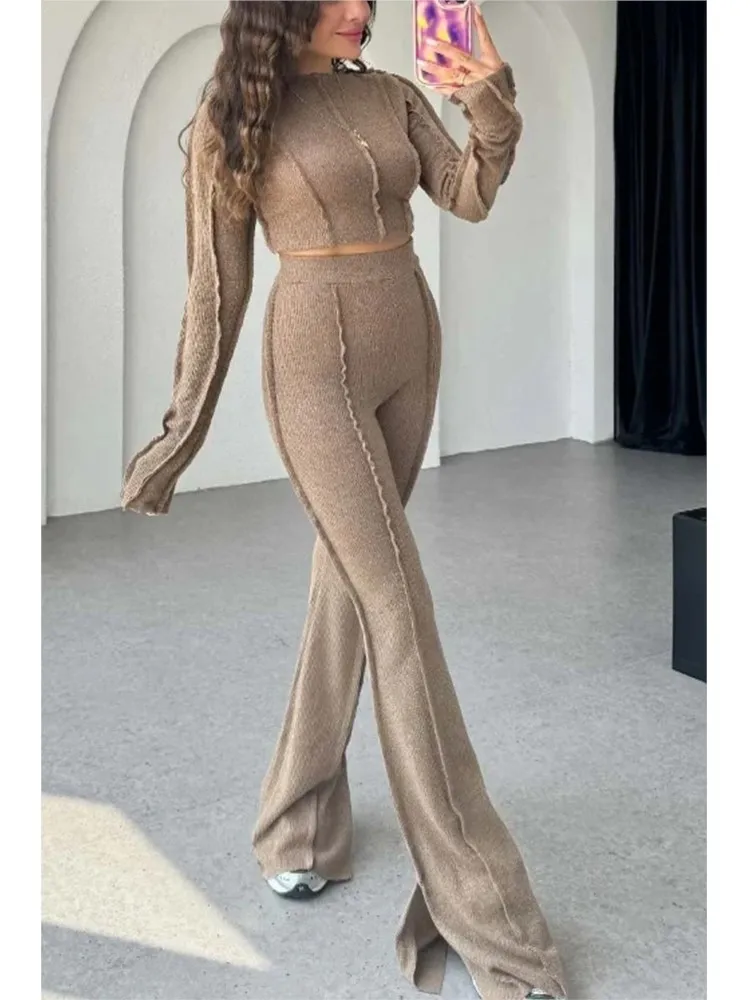 Women\'s Fashionable High-waisted Slim Solid Two-piece Sets Autumn Casual Long Sleeve Crop Tops Bell Bottoms 2 Piece Outfit Home