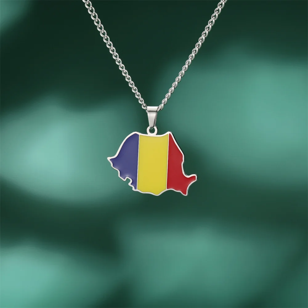 EUEAVAN Emaille Rumänien Karte Halskette Frauen Männer Edelstahl Trendy Rumänische Flagge Anhänger Ketten Halsband Ethnische Schmuck Geschenke – Detail 9