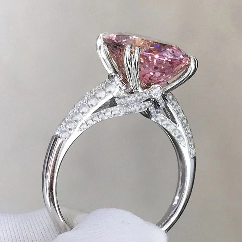 Huitan Große ovale rosa CZ-Ringe für Frauen, Verlobung, Hochzeit, Temperament, süßes weibliches Accessoire, Jahrestagsgeschenk, Statement-Schmuck