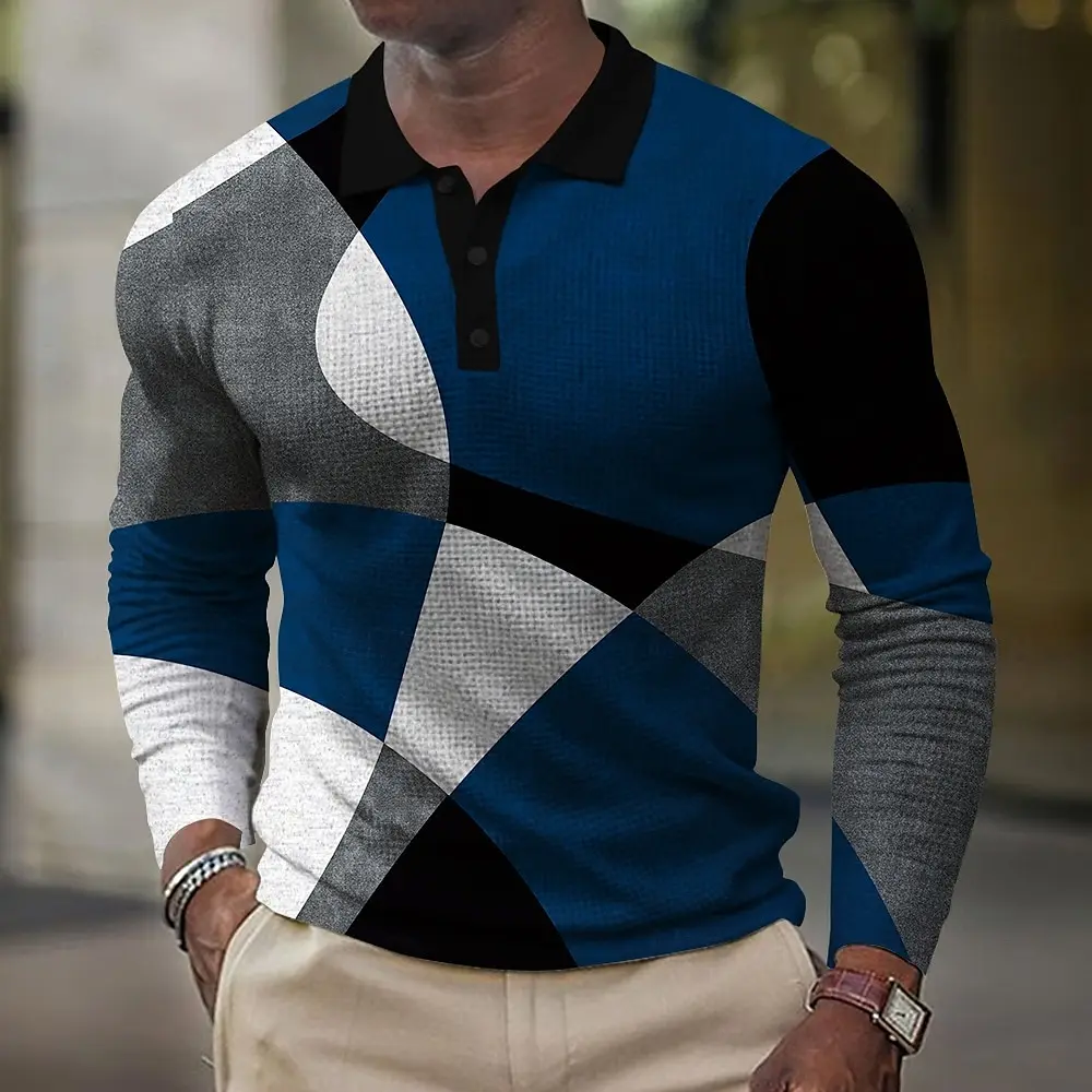 

Men's 3D Printed Geometric Golf Shirt Long Sleeve Polo Shirt Business Casual Formal Button Collar Autumn and Winter