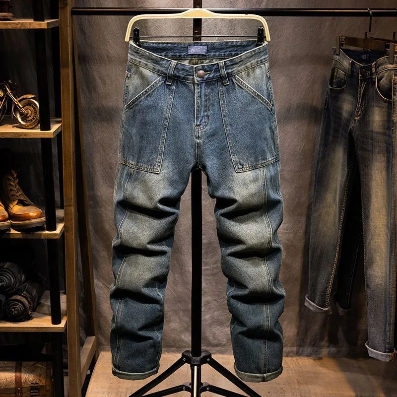 

Осенне-весенние новые модные трендовые однотонные ретро-спортивные джинсы прямого кроя для мужчин, повседневные свободные джинсовые брюки высокого качества