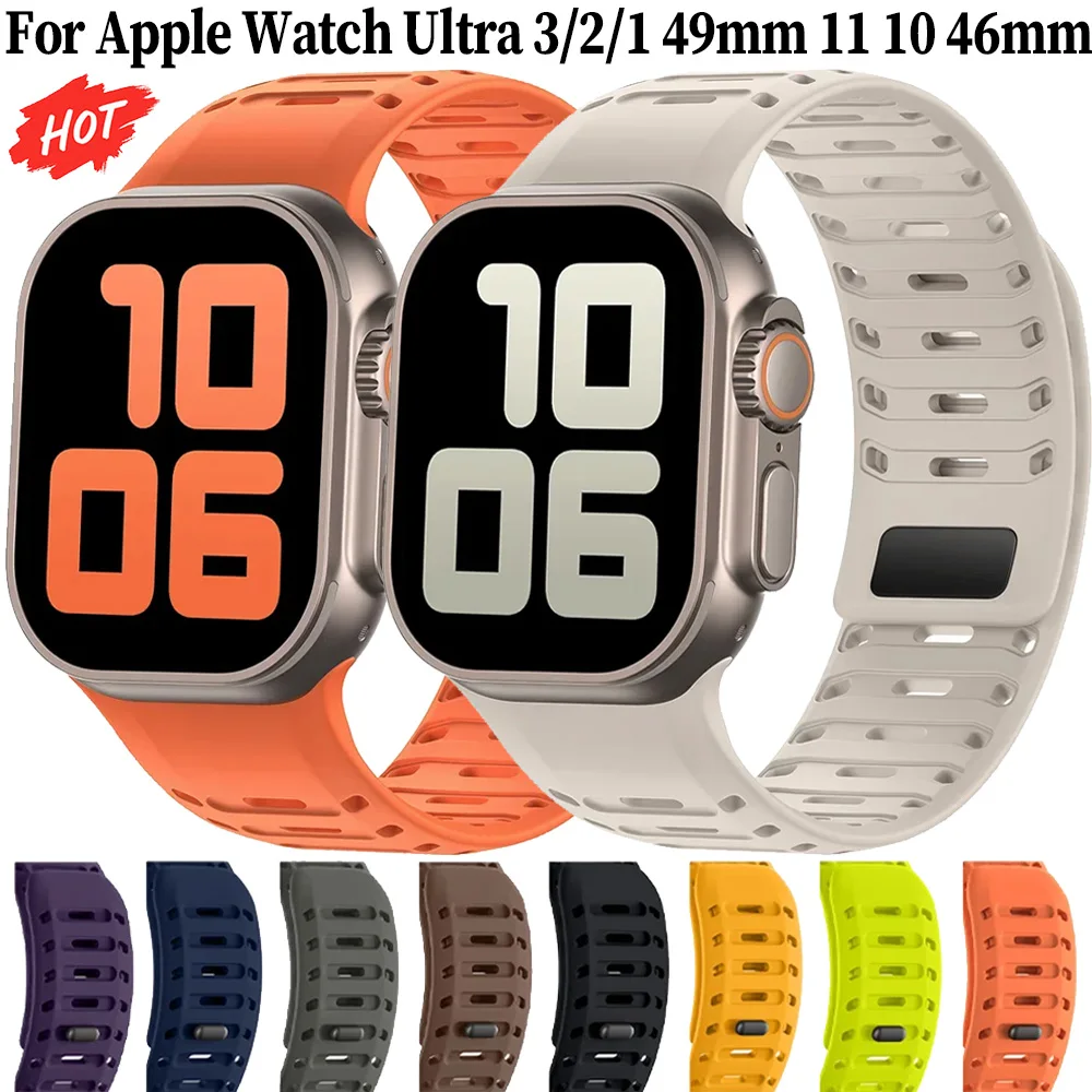 حزام سيليكون لساعة أبل الترا 3/2/1 49 مللي متر 11 10 46 مللي متر حزام ساعة مغناطيسي قابل للتنفس لساعة iwatch 9 8 7 6 5 SE 45 مللي متر 44 مللي متر #1