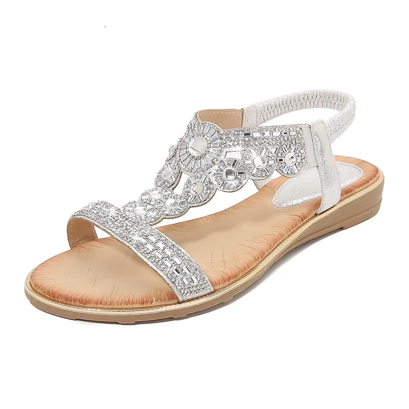 Plus Size 36-42 Shoes for Women Fashion 2024 Summer Breathable Rhinestone Bohemia Footwear Slip on Beach Shoes Women Shoes