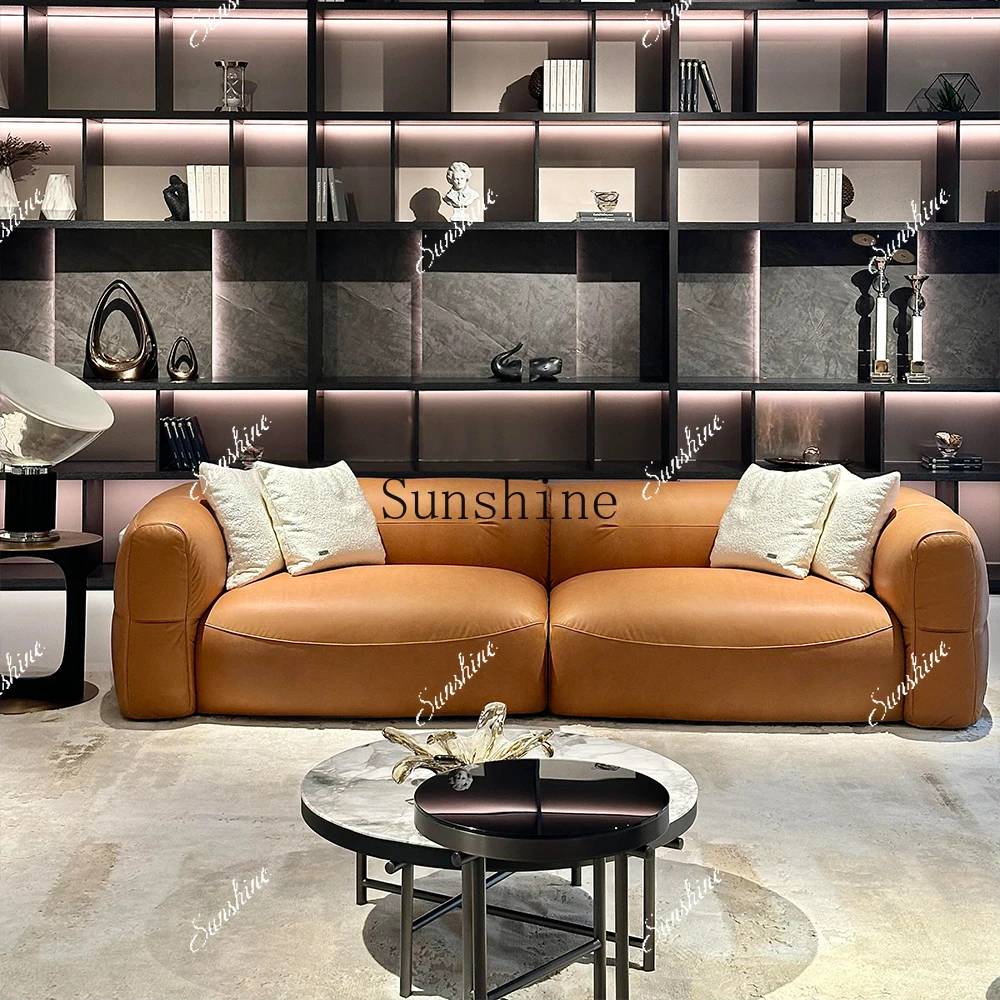 Medieval style modern simple living room small apartment yellow big white leather sofa  FT