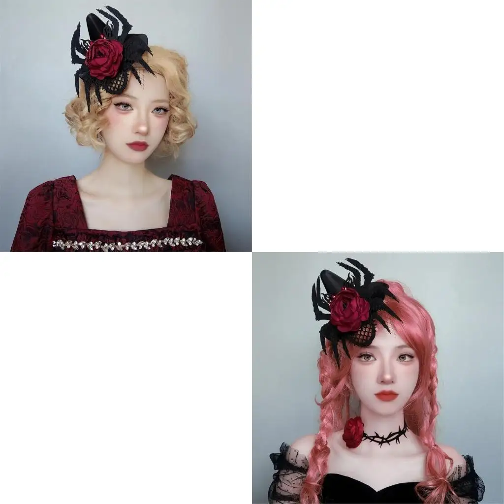 

652F головной убор на Хэллоуин, темная шляпа ведьмы, заколка для волос, большая заколка в виде розы с тюлевым пауком и для и
