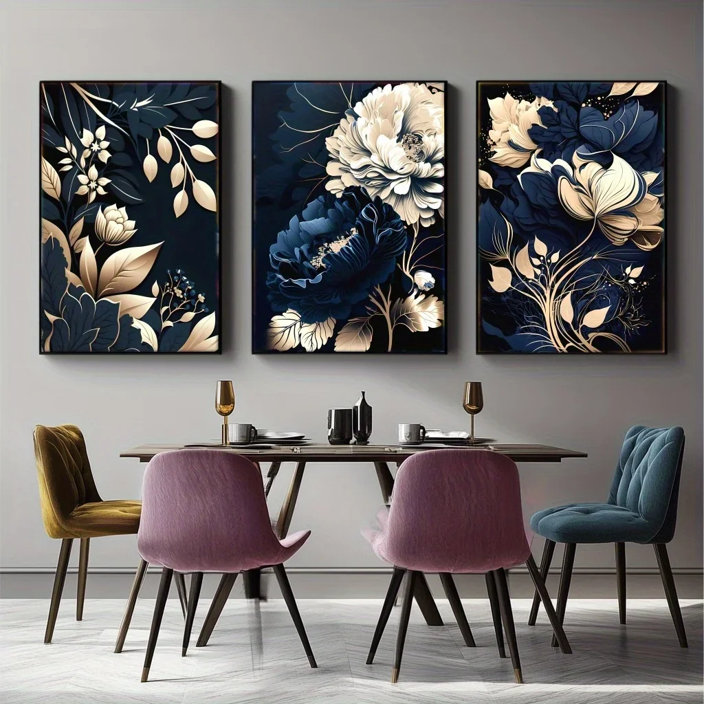 2D Flat, 3pcs Navy Blue, Golden, Beige, White & Brown Floral Canvas Wall Art Set - Modern Classic Wrapped Framed Paintings, R