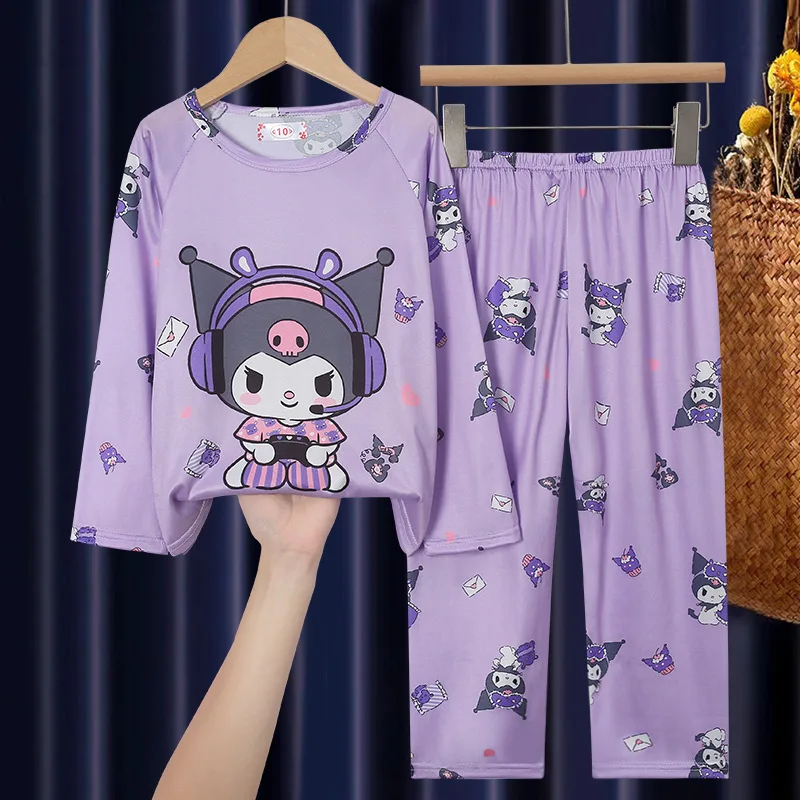 Sanrio Children's Pajamas, Pajamas, Home Clothes, Long-Sleeved Loose Thin Pajamas Set, Cartoon Kuromi Hello Kitty Clothing