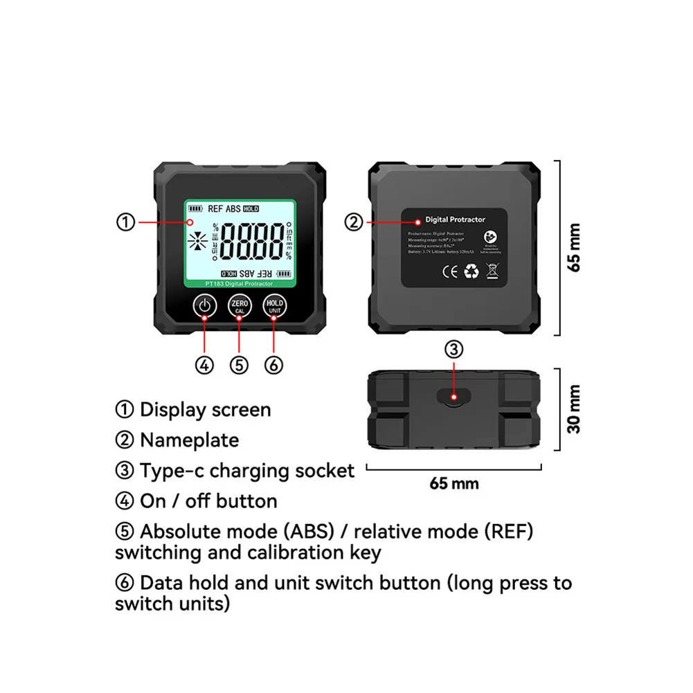 LCD Display Angle Meter Digital Angle Gauge Black Angle Measuring Tool With Magnets Automatic Screen Inversion Compact Design