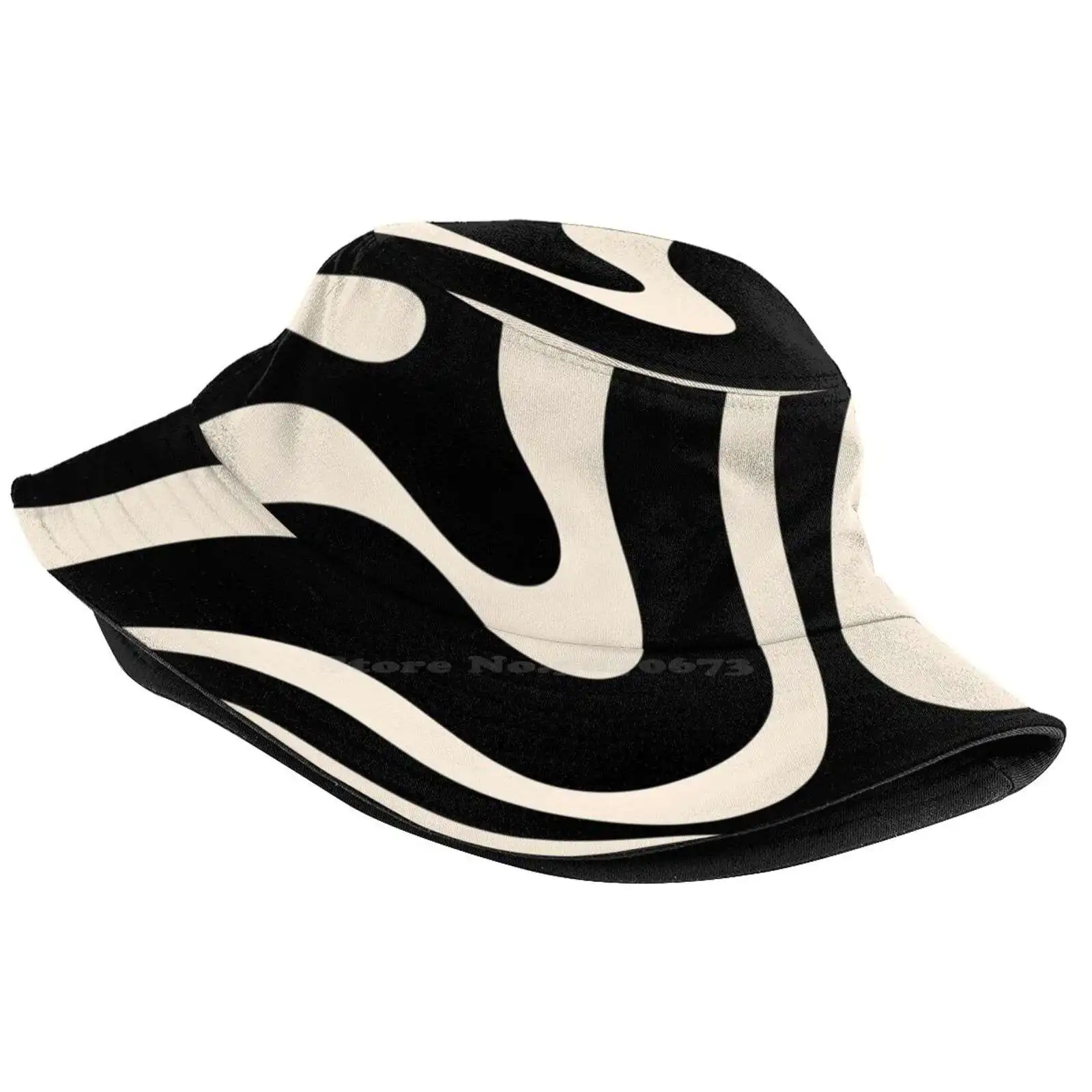 Modern Liquid Swirl Abstract Pattern Square In Black And Almond Cream Sun Cap Fisherman Hat Bucket Hats Abstract Retro Pattern