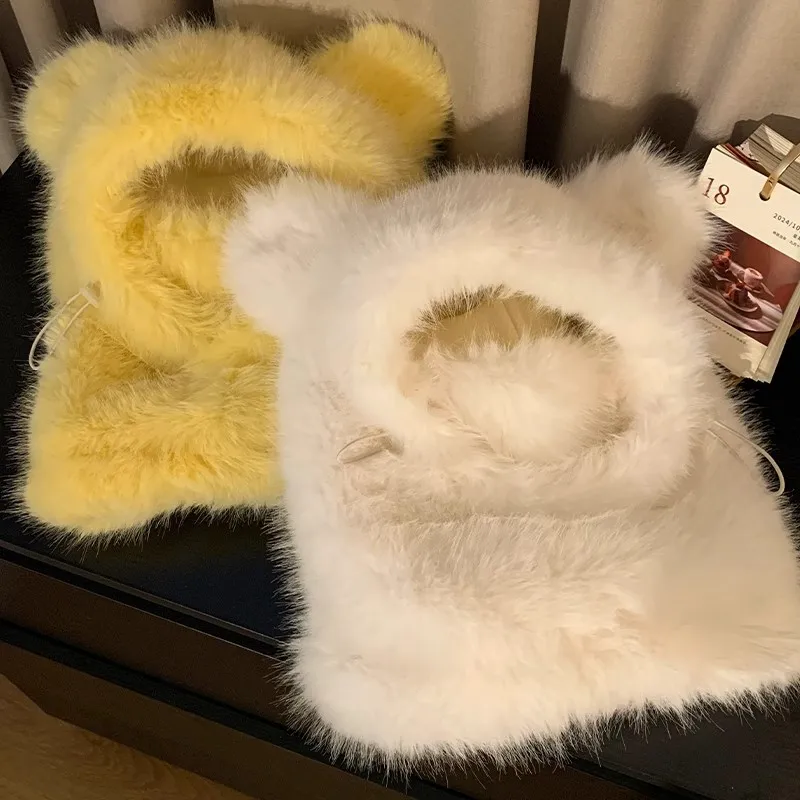 Winter Cute Teddy Bear Ear Plush Hat Windproof Ultra Soft Plush Cozy Thicken Faux Fur Scarf Integrated Hat Balaclava Cap Women
