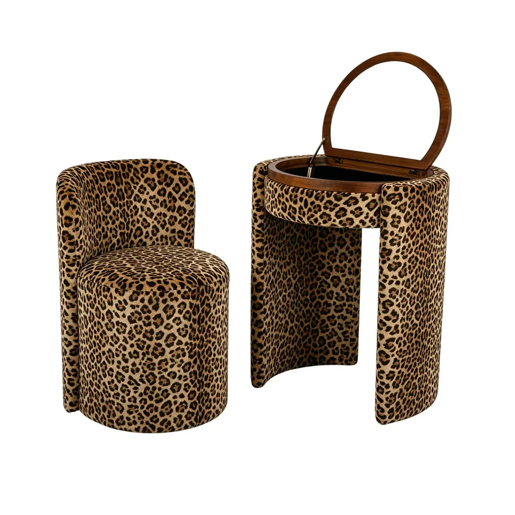 

#Luxury Vintage Leopard Vanity Set Zebra Dressing Table Chair Flip-Top Round Mirror Storage Tiger Fabric Makeup Desk for Bedroom