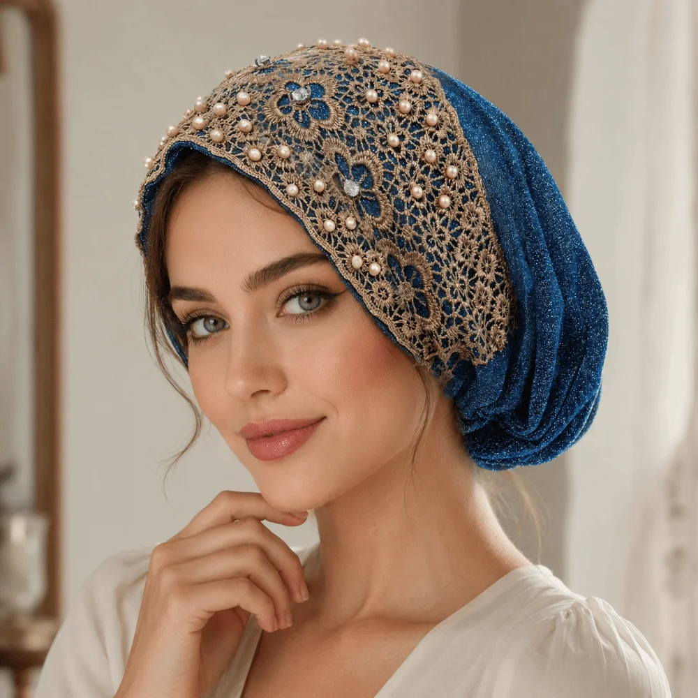 Elegant Embroidery Women's Lace Turban Cap Lace Trim Floral Pattern Muslim Headscarf Cap Islamic Turban Hat Women