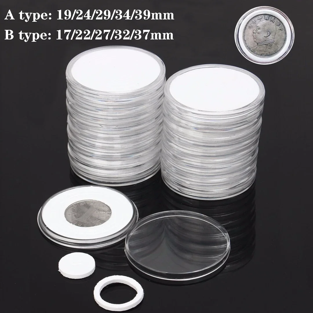 10Pcs Transparent Coinning Capsule Holder Storage Box 17-37mm 19-39mm with Adjustable Foam Gasket for Collectable Coinning Medal