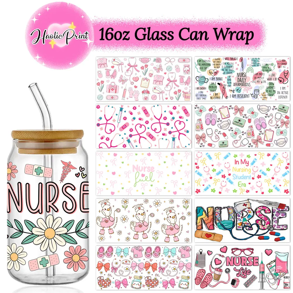 

Nurse Life UV DTF Cup Wrap 16oz Libbey Glass Can DIY Sticker Cute Pink Nurse International Nurses Day Selfadhesive Washable DIY