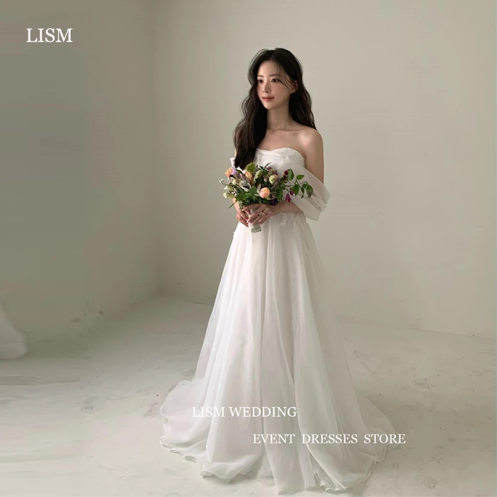 

LISM Simple A Line Silk Organza Wedding Dresses Korea Photoshoot Off Shoulder Sleeves Floor Length Bridal Gowns Corset Back