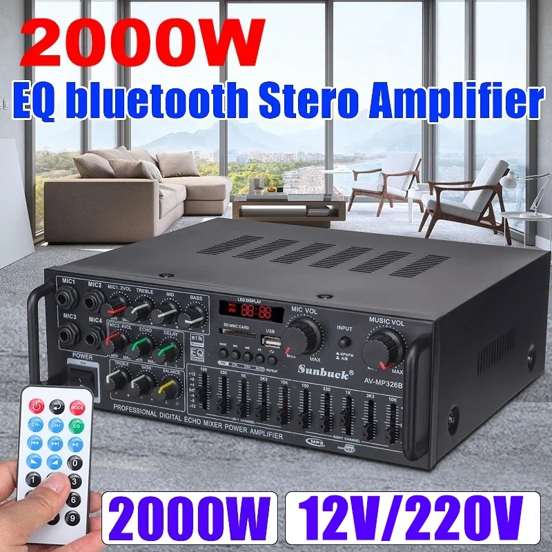 

2000W 12V/220V Bluetooth 2.0 Channel Power Amplifier Car Audio Power Amplifier with Remote Control Audio Player