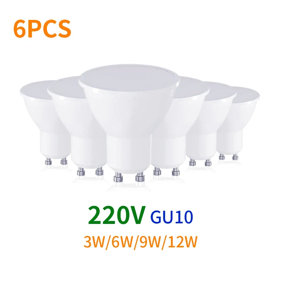 Lampa LED 6PCS AC220V GU10 Oszczędność energii 3W 6W 9W 12W Zimna biel Ciepła biel Naturalny biały Trójkolorowe ściemnianie do domu Materiał PC