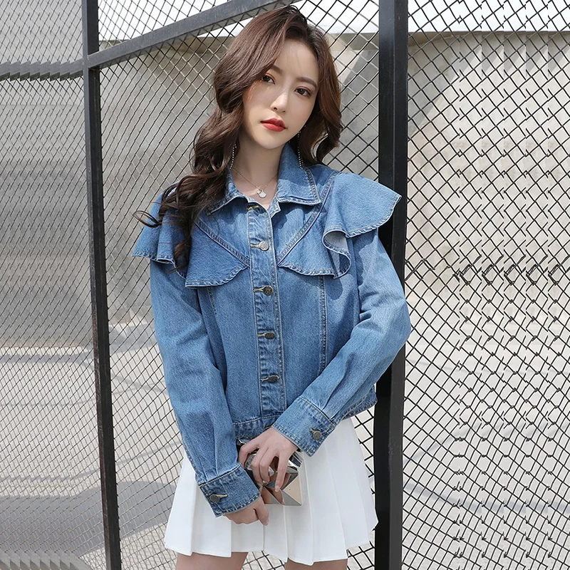 

Korean Fashion Ruffle Patchwork Blue Short Denim Jacket Women Spring Autumn Casual Lapel Single-Breasted Long Sleeve Cowboy Coat