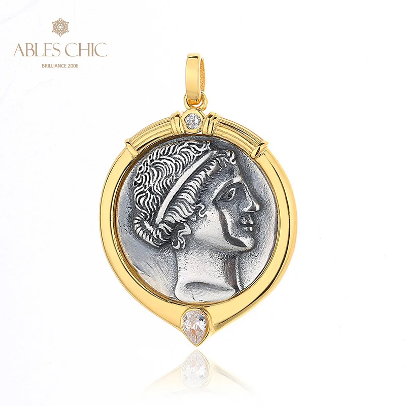 

Ables Chic Amazon Warrior Greek Silver Coins Charm Solid 925 Silver Roman Coin CZ Accent Pendant Only N1018