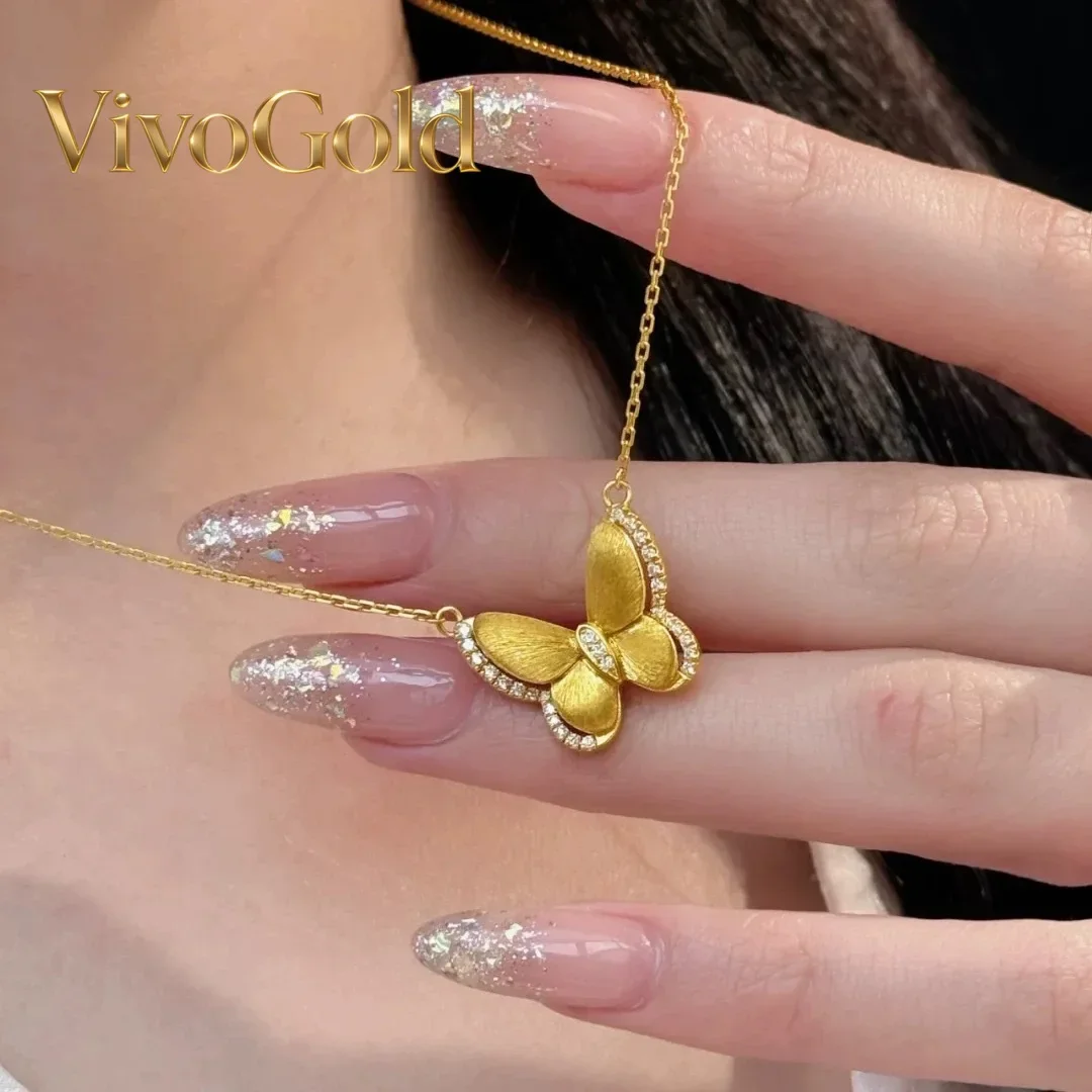 VivoGold Luxury 24K 9999 Pure Gold real gold Women's Brushed Beads Edge Butterfly Necklace