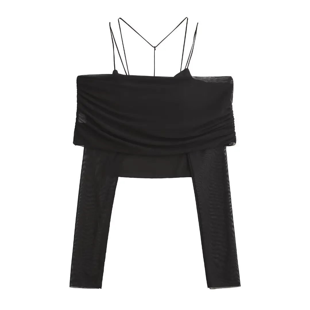 طقم نسائي مثير بتصميم شبكي وحمالة رقبة معلقة، توب وبنطلون مرن بتصميم كروس على الكتف الواحد