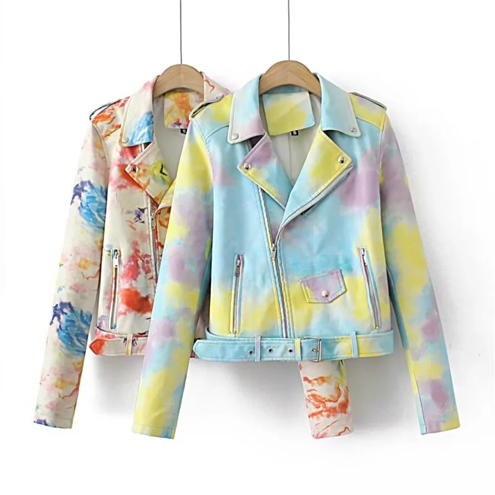 

2024 autumn and winter new products casual and fashionable women's clothing tie dye decoration motorcycle jacket