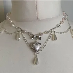 Handmade 00s Fairy Core Pearls Heart Locket Coquette Beaded Necklace/Bead Pearl Necklace/Gothic Necklace/Y2k Necklace/Witchy Hal