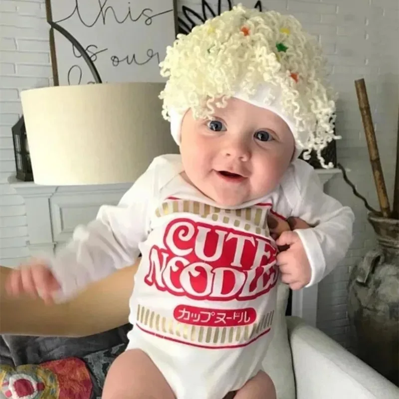 Instant Noodles Baby Costume Set-Knit Curly Wig & Romper for Infant Photos, Whimsical Dress-Up Fun.newborn photography.ニューボーンフォト