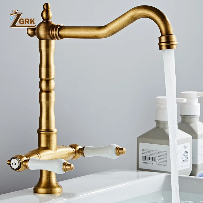 Brass Faucet Kitchen Cold and Hot Water Deck Mounted Basin Retro Faucet Dual Handle Single Hole Rotatable Water Tap Kitchen