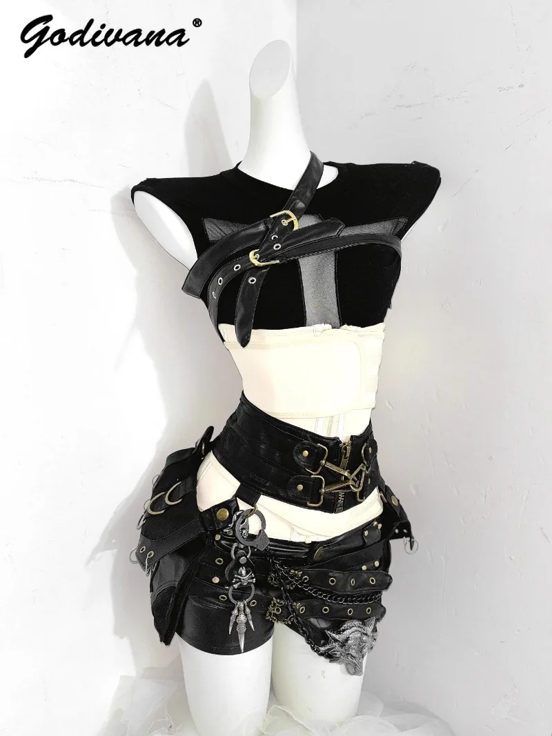 

Original Gothic Sexy Cool Girls Subculture Diablo Cross Spliced T-Shirt Leather Waist Seal Ultra Short Shorts Womens 3 Piece Set