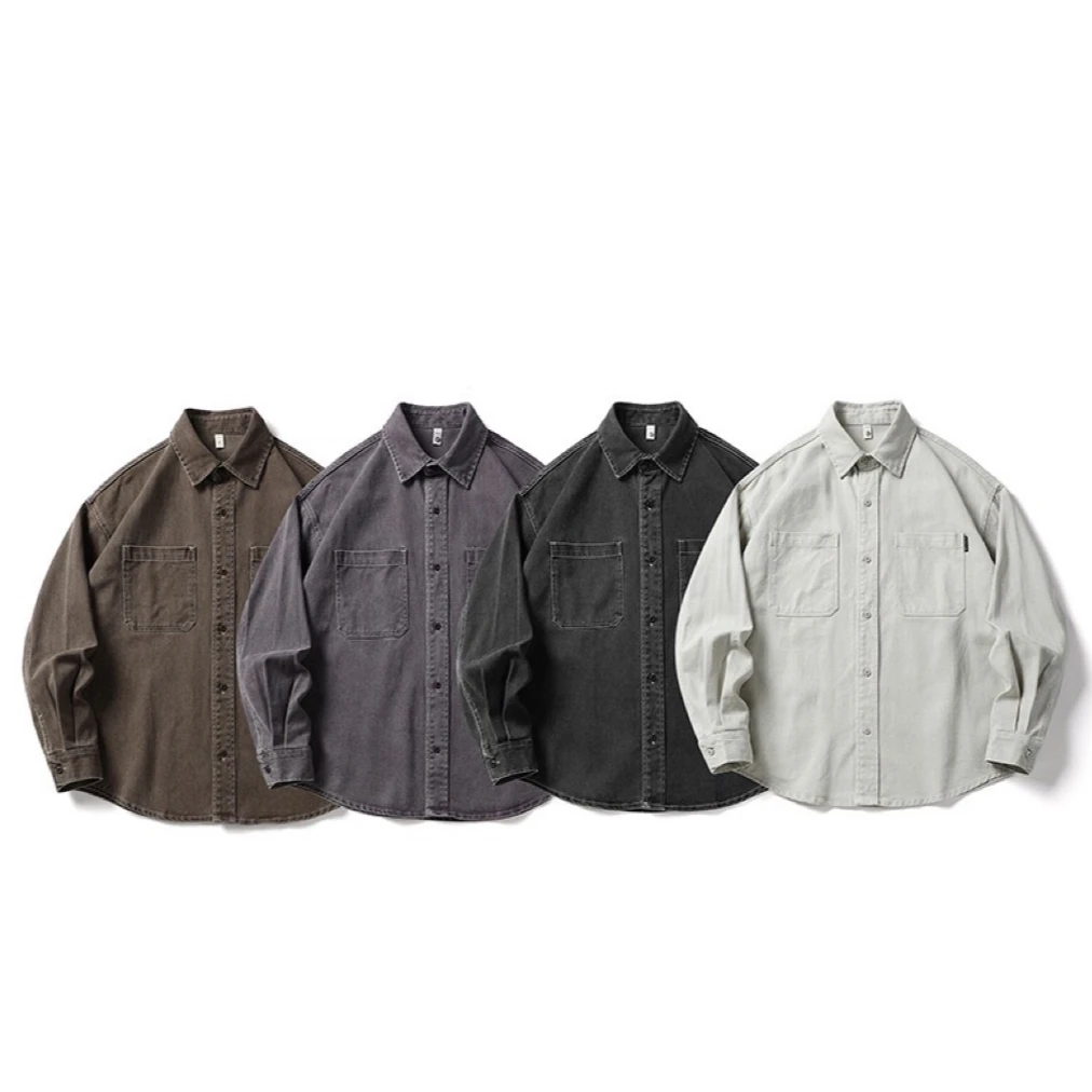 

Retro Japanese Sle Men's Casual Loose Fit Long Sve Cotton Work irt Classic Collar Outerwear Coat Youth Faion