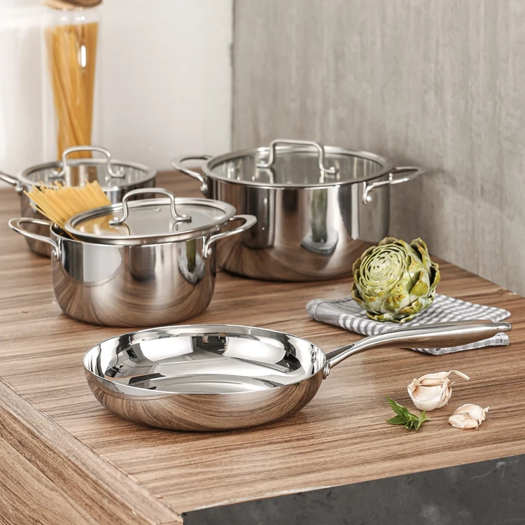Custom Style 1-7pcs SUS304 Kitchen Cook 3-Ply Bottom Cookware Sets Stainless Steel Cooking Pot Set With Glass Lid