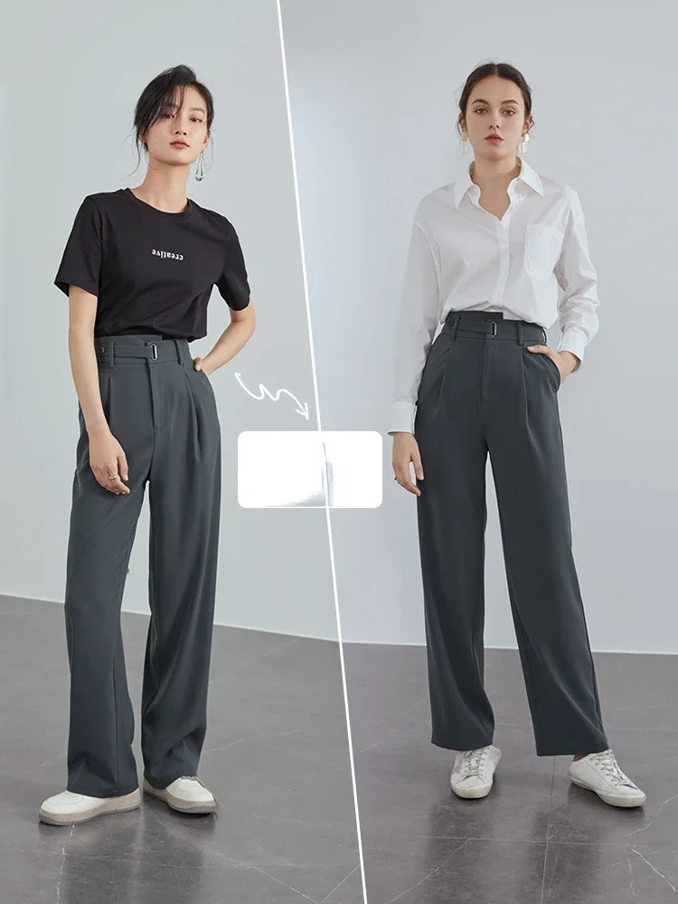 FSLE Office Lady Mopping Pants Women 2021 Summer Straight Loose Casual Suit Pants High Waist Drape Wide Leg Trousers