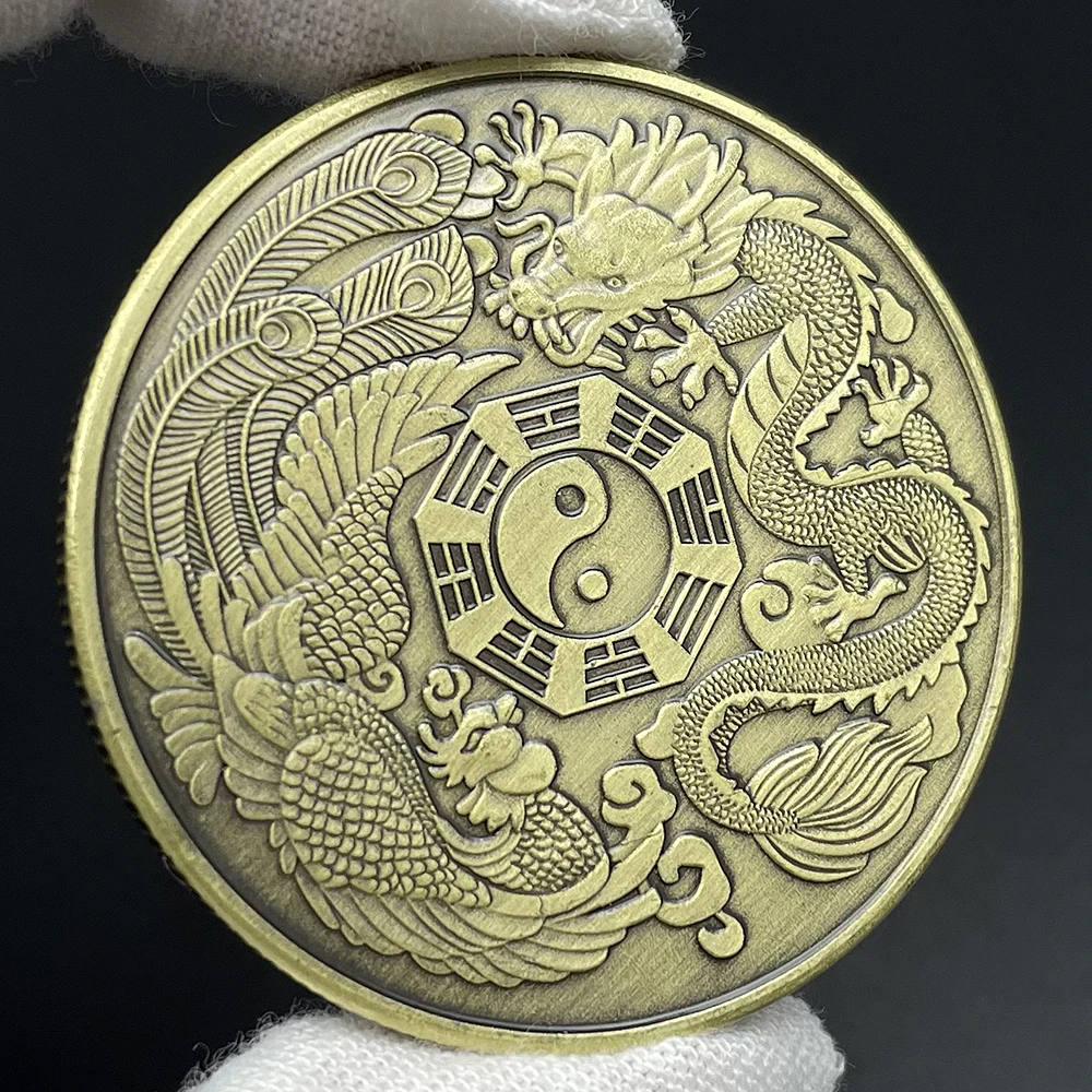

Chinese Dragon and Phoenix Bring Luck Coin Ancient Bronze Taiji Challenge Coin Eight Diagram Collection Mainland China