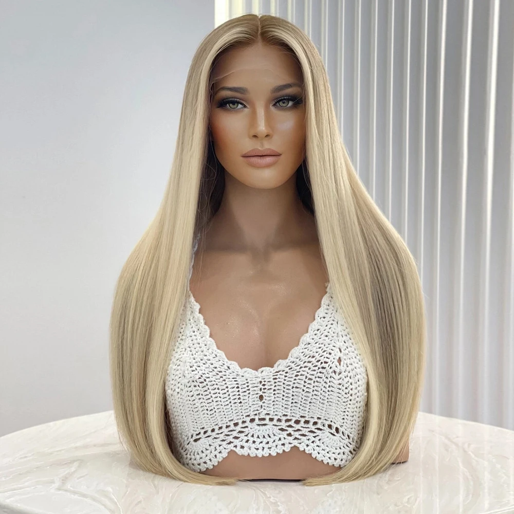 Luxury Summer Wigs Straight Lace Front Wig Honey Ash Blonde Balayage Wig Heat Resistant Synthetic Fiber for Women Daily PartyUse
