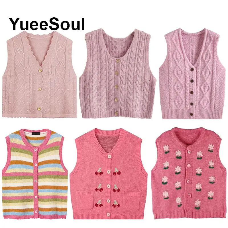 

Розовый свитер, жилет, новинка 2025, однобортный свободный женский жилет без рукавов Y2K, милый милый уличный повседневный вязаный жилет