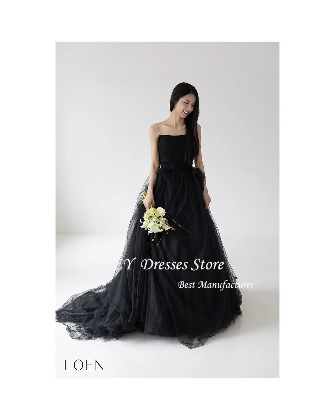 OLOEY 블랙 Tulle 이브닝 드레스 라인 Strapless Floor Length 한국 웨딩 사진 촬영 드레스 코르셋 맞춤형