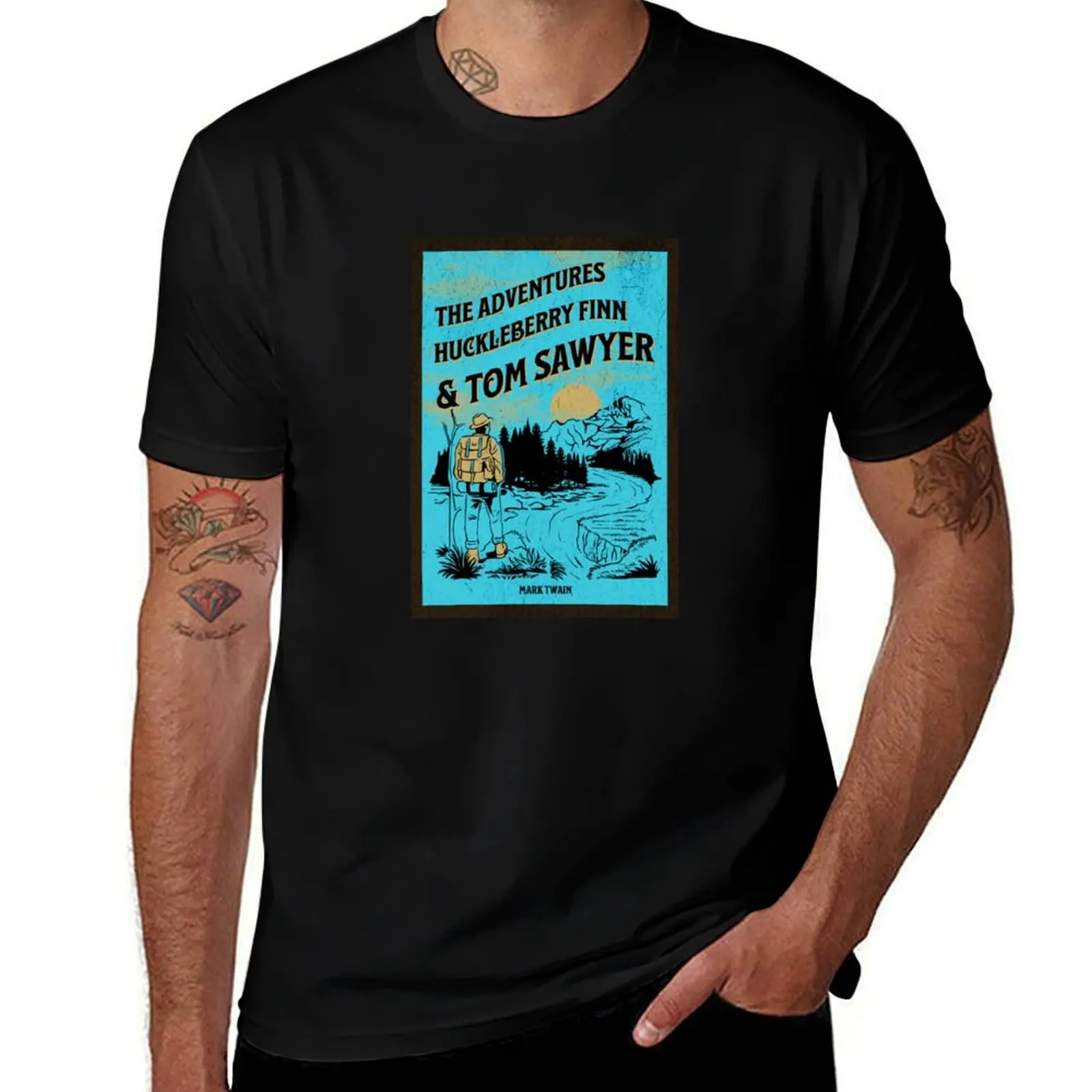 The Adventures Of Huckleberry Finn And Tom Sawyer - Mark Twain Book Cover Art T-Shirt graphics mens vintage t shirts