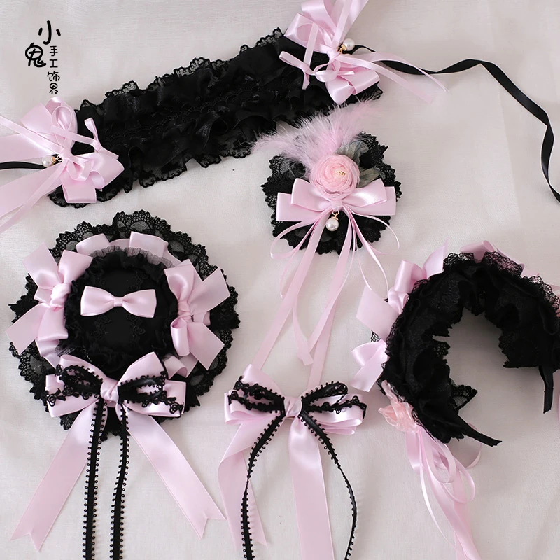 Original black and pink satin ballet lolita headband hair clip top hat headband kc sweet cool flat hat