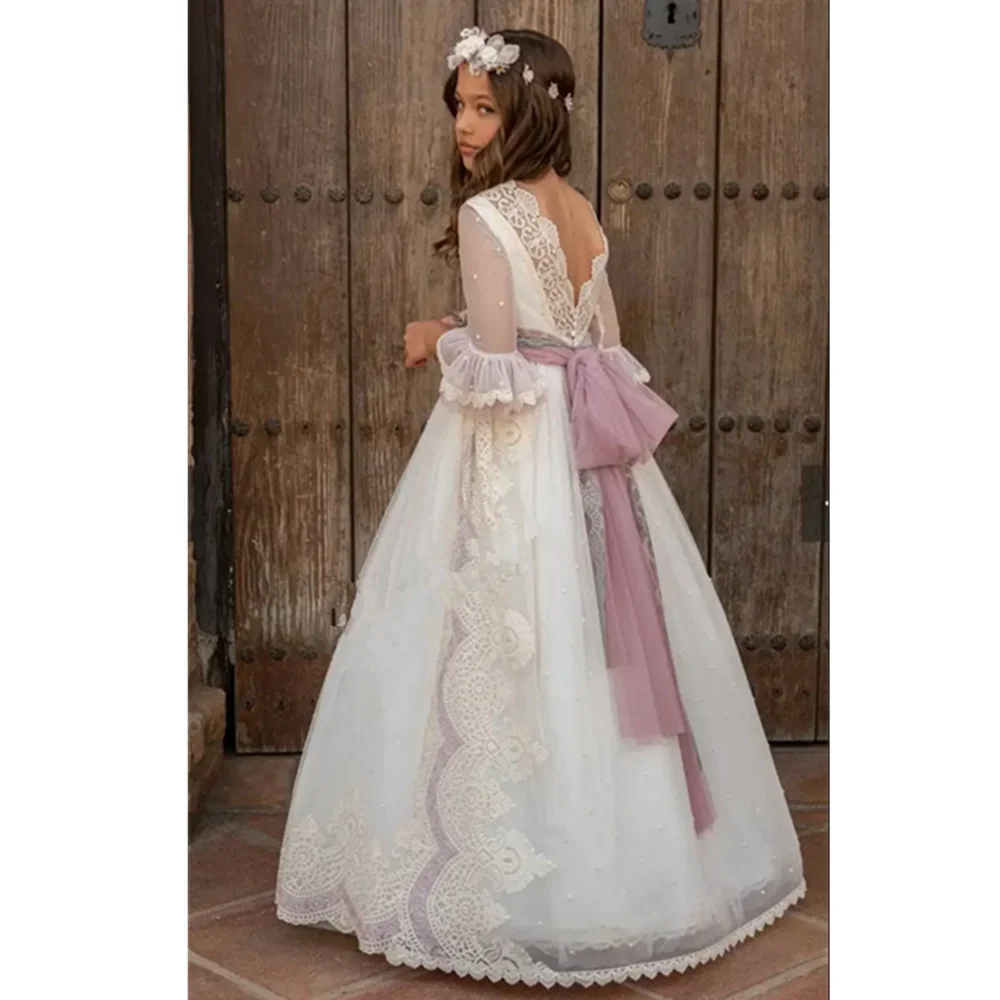 

JDY Girls' White Tulle Lace Long Dress with Long Bell Sleeves & Purple Bow - Princess Gown for Wedding First Communion Party