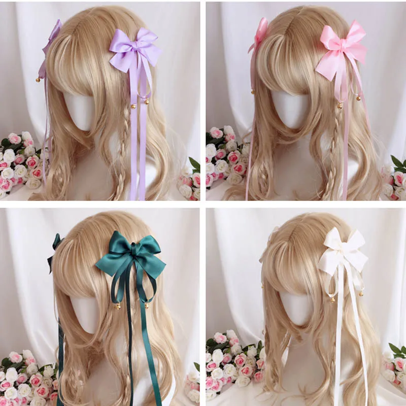 Lolita Long Ribbon Hair Accessories, Arco e Bell Hairpin, Doce e Adorável, cocar, Cosplay, Anime