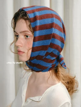 Lenço triangular de malha de lã listrada pequeno versátil quente coreano capuz triângulo cachecol pescoço cachecóis mulher