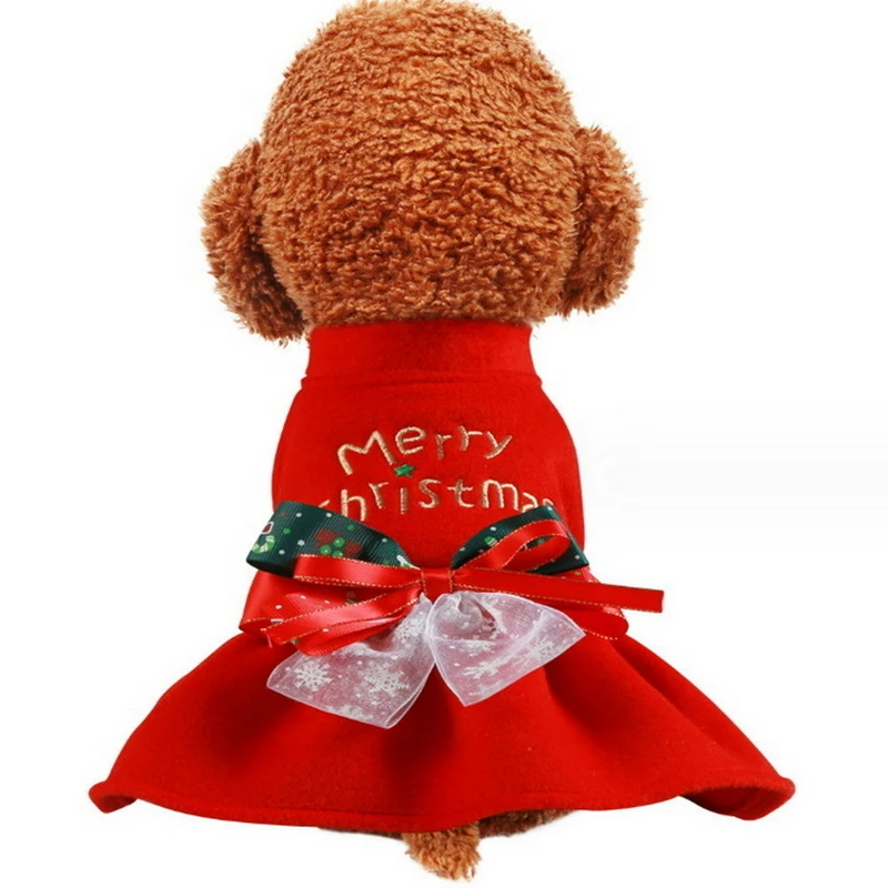 Merry Christmas Dress Pet Clothing Autumn Winter Dog Cat Dress Red Woolen Cloth Bow Dress Small -Medium Dogs