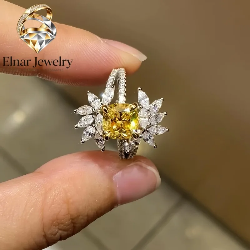 Elnar Jewelry Halo 2Ct 7*7mm Cushion Cut Created Yellow Diamond Ring Solid 925 Sterling Silver Jewelry Wedding Ring HR263
