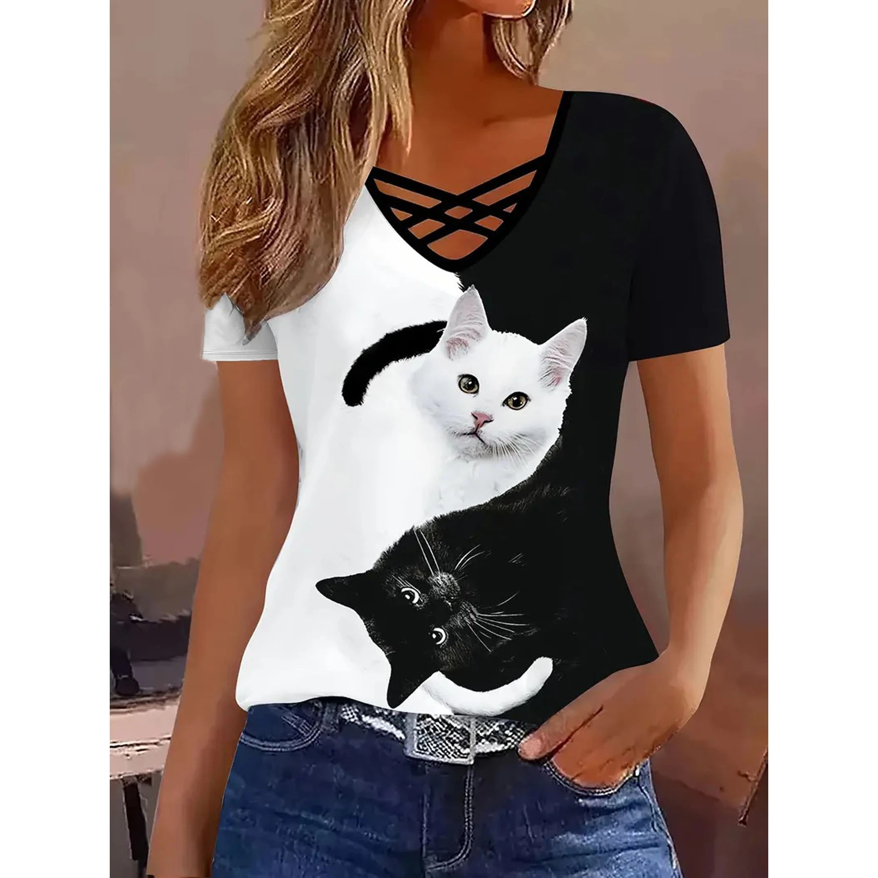 

Весенне-летняя модная женская футболка с V-образным вырезом, цветными блоками и полосками, элегантная повседневная, с коротким рукавом, свободного кроя, из полиэстера, с принтом