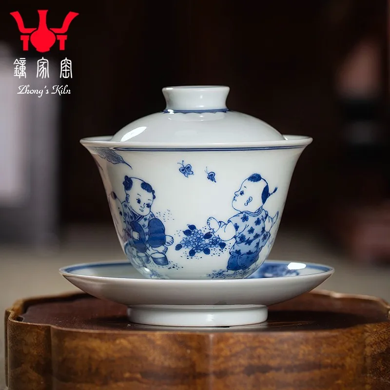 Zhongjia Kiln Cover Teacup Jingdezhen Firewood Kiln Blue and White Hand Drawn Character Fine Worker Child Kung Fu Tea Brewing Bo