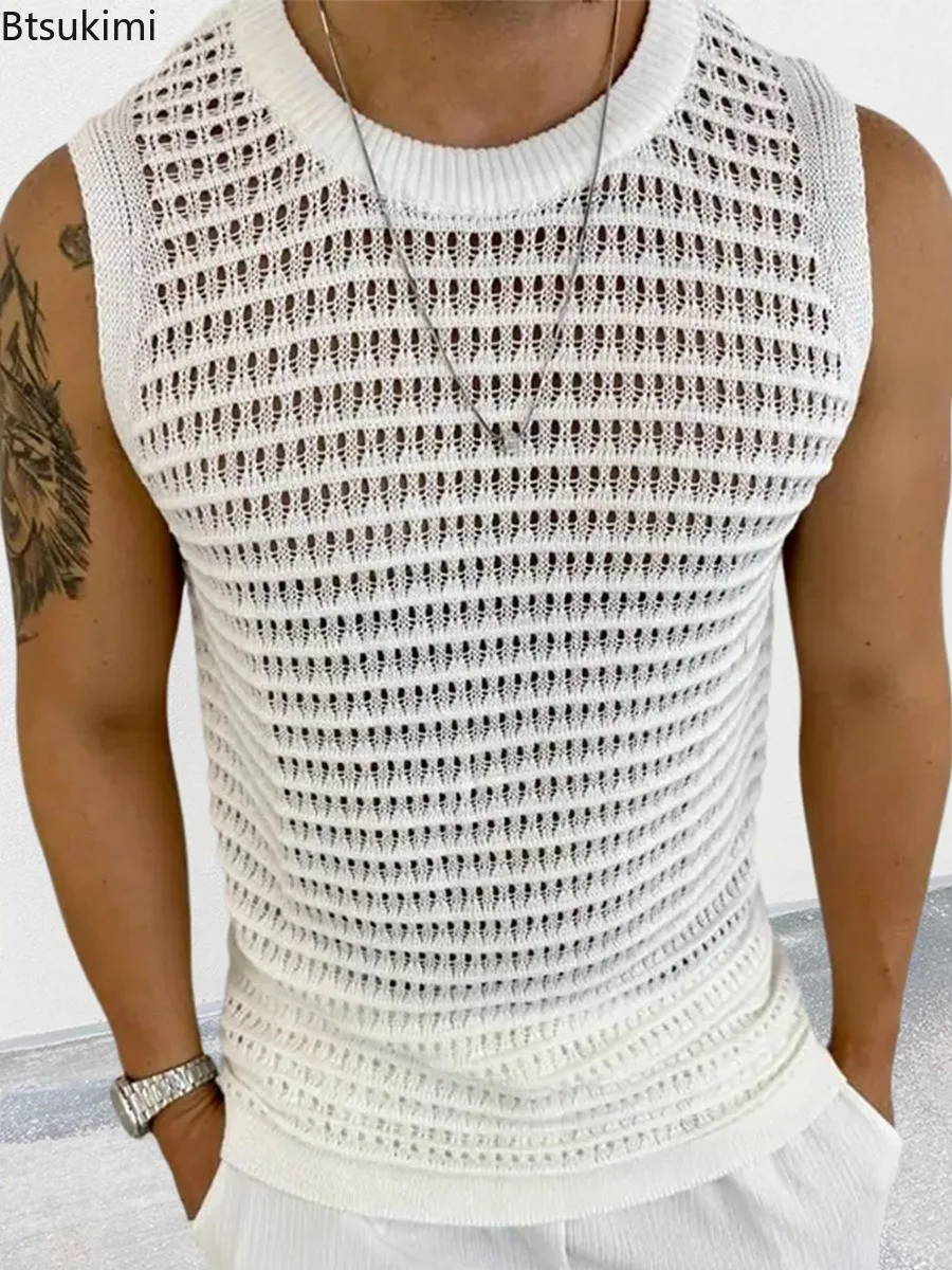 

2025 New Men's Knitted Tank Tops Summer Solid Sleeveless T Shirts Fashion Streetwear Male Hollow Out Knitwear Tops Thin Sweaters
